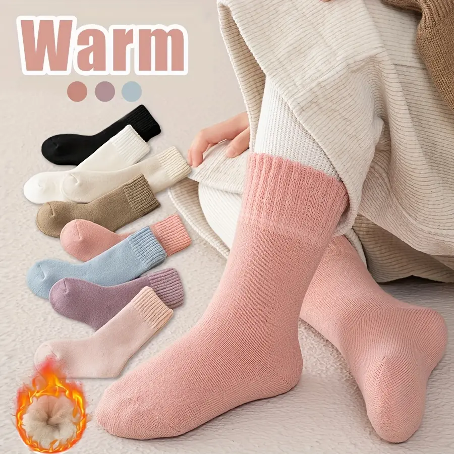 3-Pair Children's Socks, Winter Thickened Floor Socks Cold Protection and Warmth, Mid-Calf Plush Lined Socks Older and Younger Kids, Student Socks Boys and Girls, Mid-Calf Plush Socks, Casual Socks