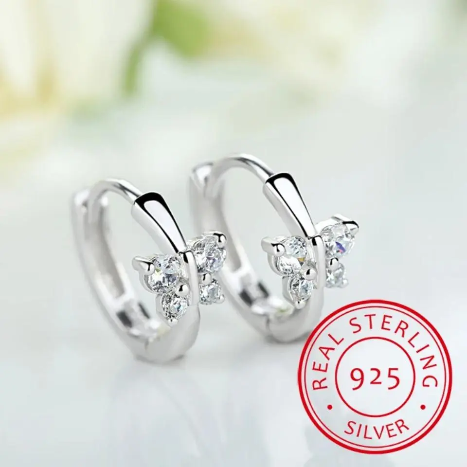 925 Silver Butterfly Shape Zirconia Stones Small Huggie Hoop Earrings for Women, Fashion Costume Jewelry Accessories