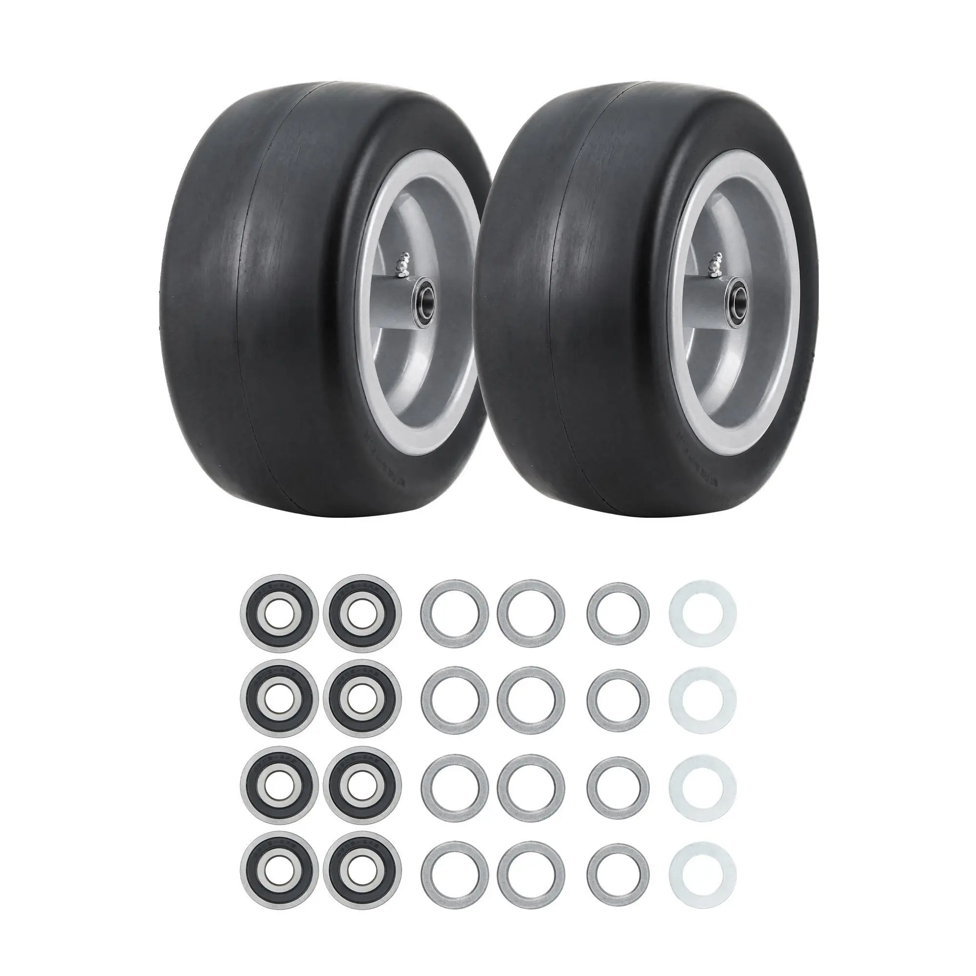 Flat Free Lawn Mower Tires – Heavy Duty, Puncture Proof | For Zero-Turn, Garden Tractor, Golf Cart | 11x4, 13x5, 15x6 Sizes | 500lbs Capacity, Pre-installed Bearings | Easy Install, No Air Needed | Durable Polyurethane/Rubber | Replacement Wheels