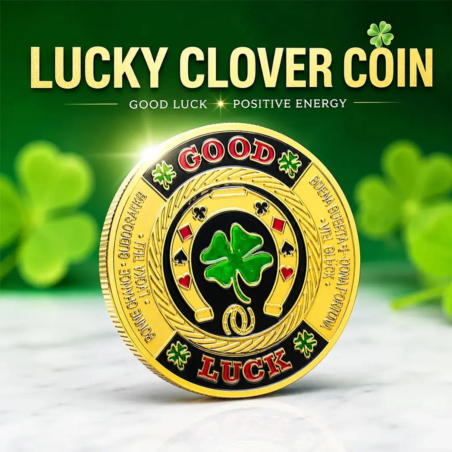 4-Leaf Clover Lucky Coin, Poker Card Guard, Prosperity Success Health Commemorative Coin Good Luck Challenge Coin Gift for Friends, Coworkers & Poker Players