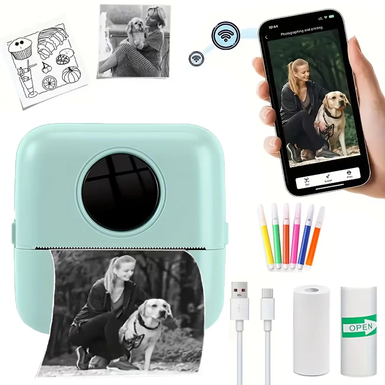 Portable Mini Thermal Printer Set, USB Charging, Bluetooth-compatible Connection, Photo Label Text Printing, Ideal for Office Home Learning, Great Gift
