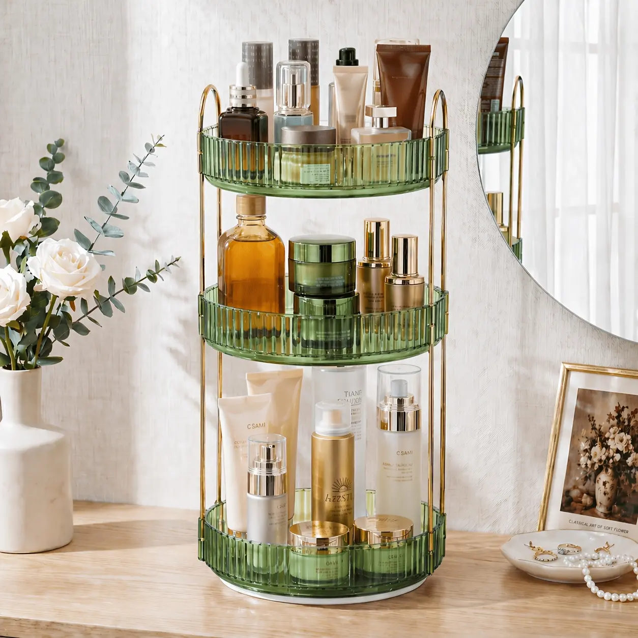 360-Degree rotating cosmetic storage cabinet, three-story bathroom countertop rotating perfume storage rack, large-capacity cosmetics and skin care products, vanity and makeup rack