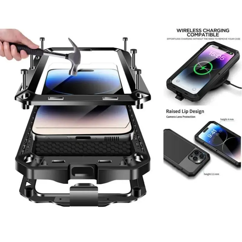IP54 Waterproof Armor Metal Case For iPhone 17 Pro Max 16 15 14 Plus 13 12 Pro Max Mini XS XR 8 7 Tough Protective Cover Screen Protector