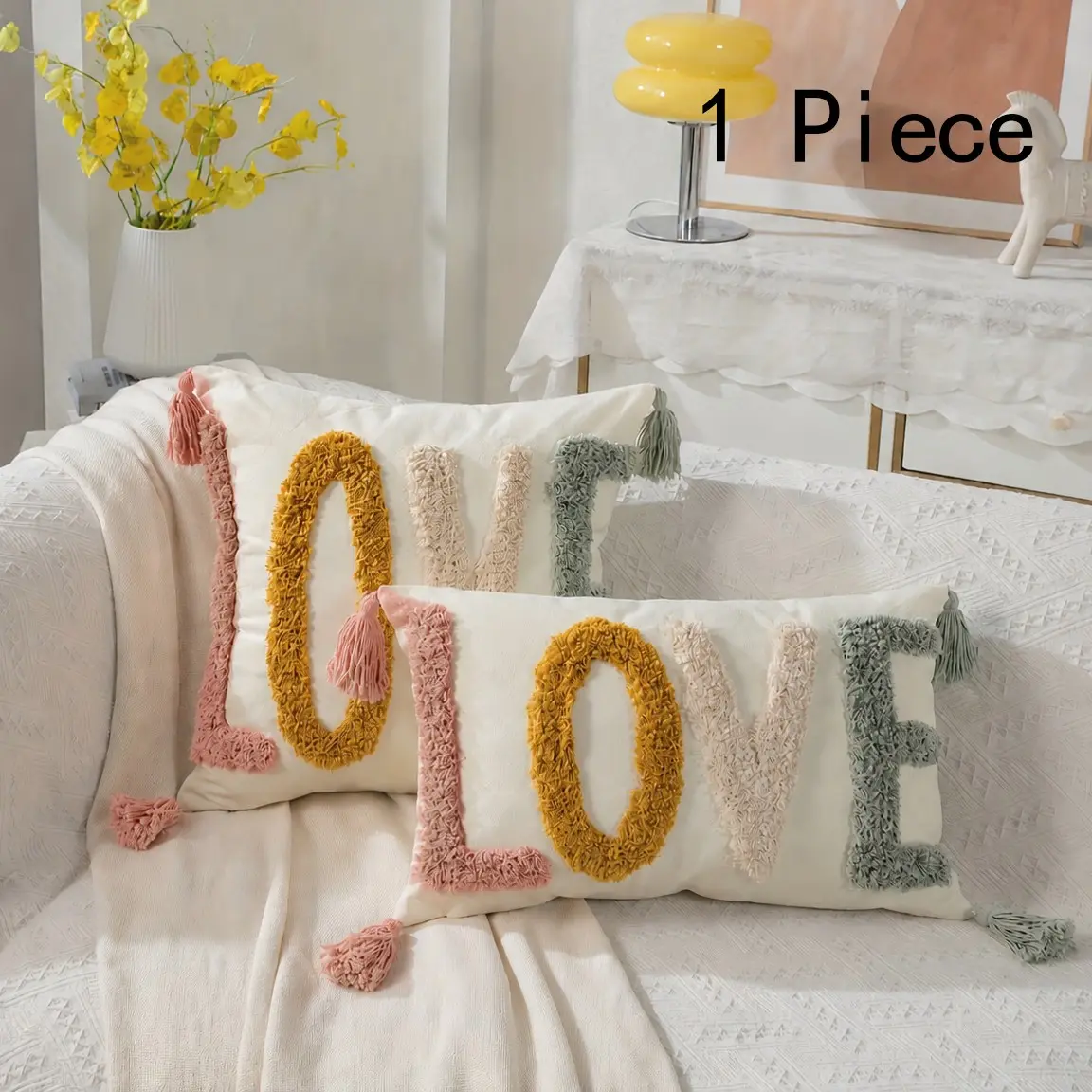Colorful Tufted Love Letter Pillowcase with Fringe, Bohemian Style Cushion Cover, Sofa Bedroom Decor, No Insert Included