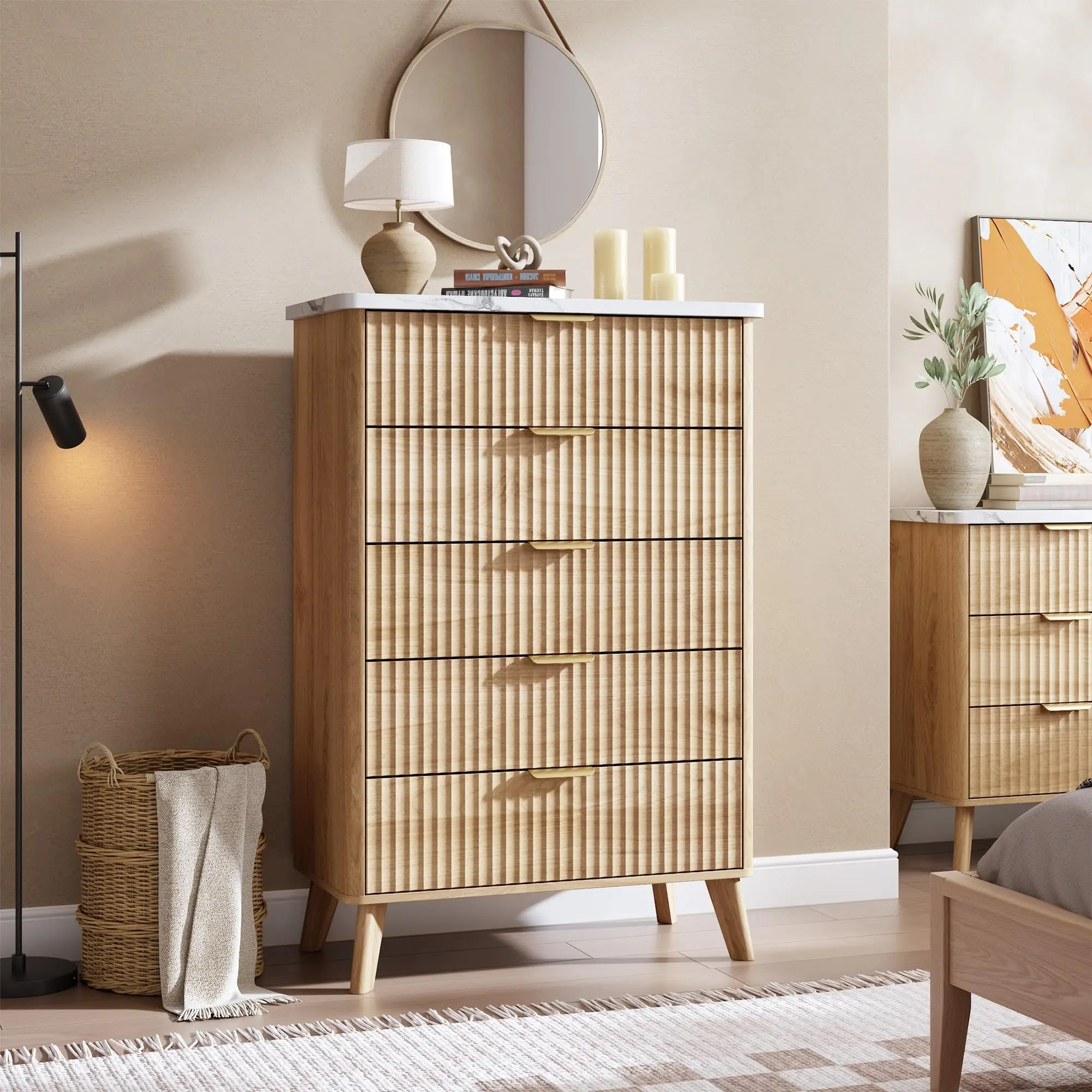 Garvee Fluted Dresser for Bedroom with 5 Deep Drawers, Natural Oak