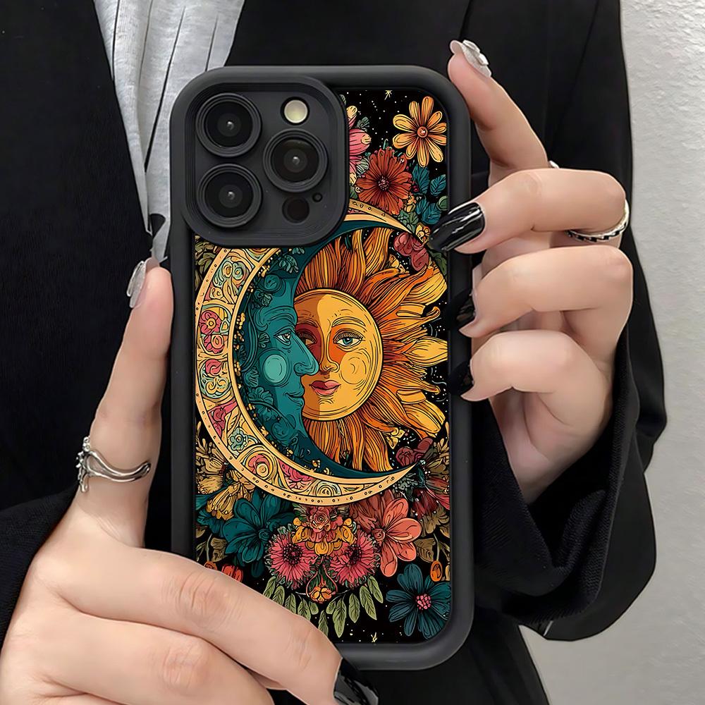 Stylish Phone Case Featuring a Sun And Moon Floral Design, Offering Shock Resistance And Anti-Fingerprint Properties. It Provides Full Coverage And Is a Thick, Soft Protective Case with iPhone 17 E Air Pro ProMax iPhone16 15 14 Plus 13 12 Mini 11 X XS XR