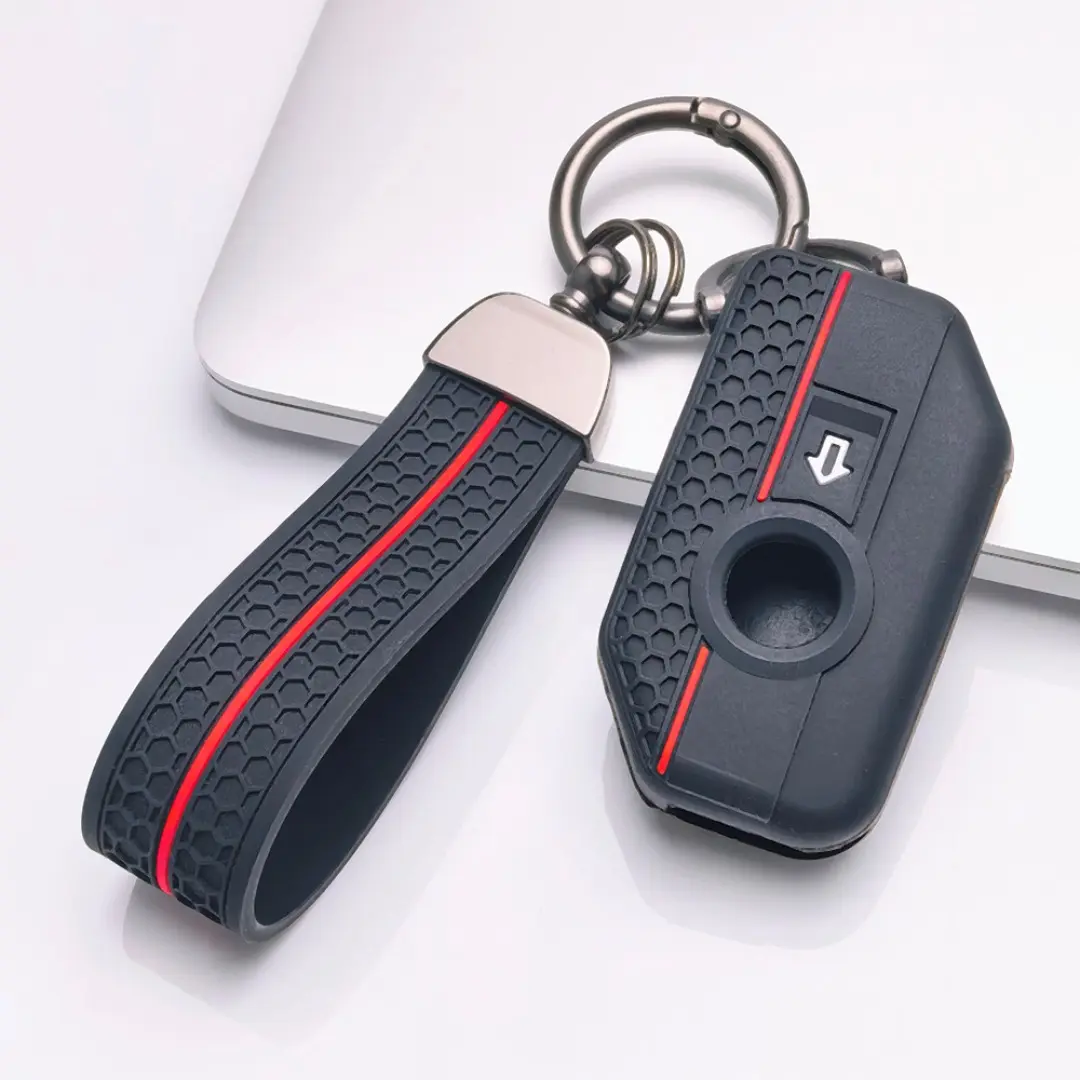 Premium Silicone Key Cover with keychain for BMW Motorcycle 2 Button Smart Key, fits R1200GS R1250GS F750GS F850GS K1600GT. Shockproof anti-scratch shell with durable grip protects keys from drops and dirt.