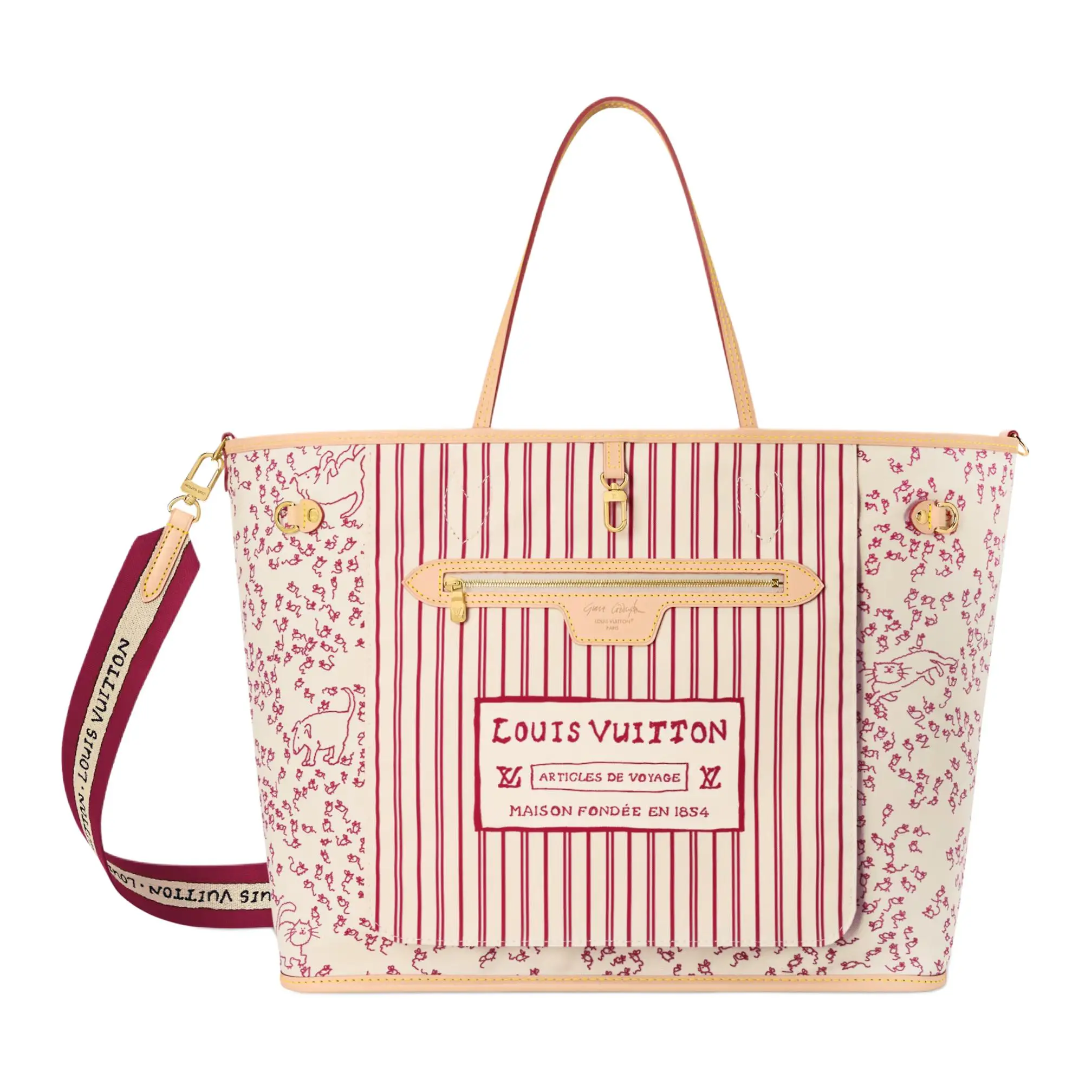 Louis Vuitton x Grace Coddington Catogram Neverfull Inside-Out Tote Bag - High-End Dual-Handled Large-Capacity Fabric Women's Handbag with Beige and Red Striped Coated Canvas, Gold-Colored Accents, Dual-Handled Women's Handbags, Fabric Women's Handbags