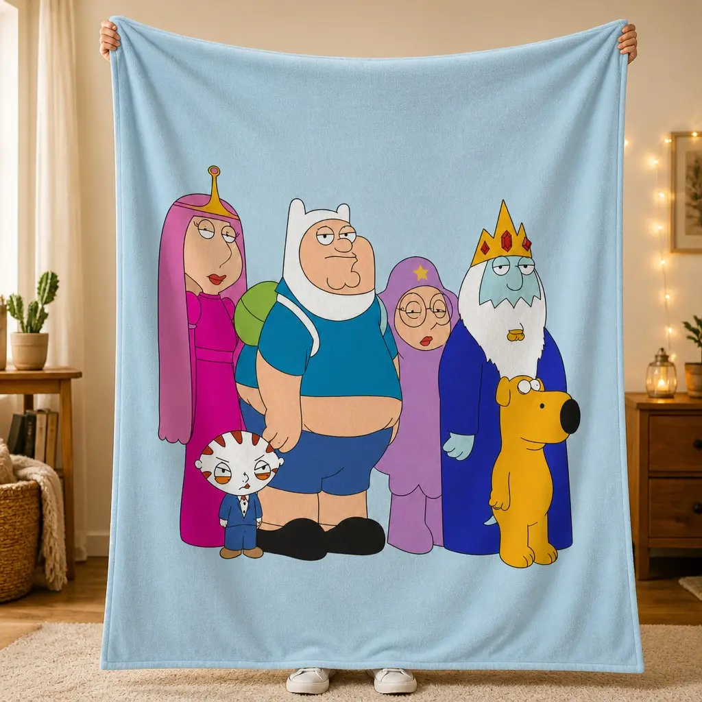 Family Guy X Adventure Time Crossover Flannel Blanket, Funny Peter Griffin, Stewie, Finn & Ice King, Soft Cozy Throw for Sofa, Bed & Fans