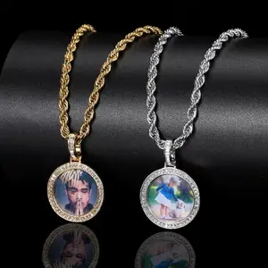 Top Quality Iced Out Crystal Tennis Chain, Custom Round Photo Engraved Medallion Pendant Necklace, Personalized Hip Hop Jewelry Gifts for Men
