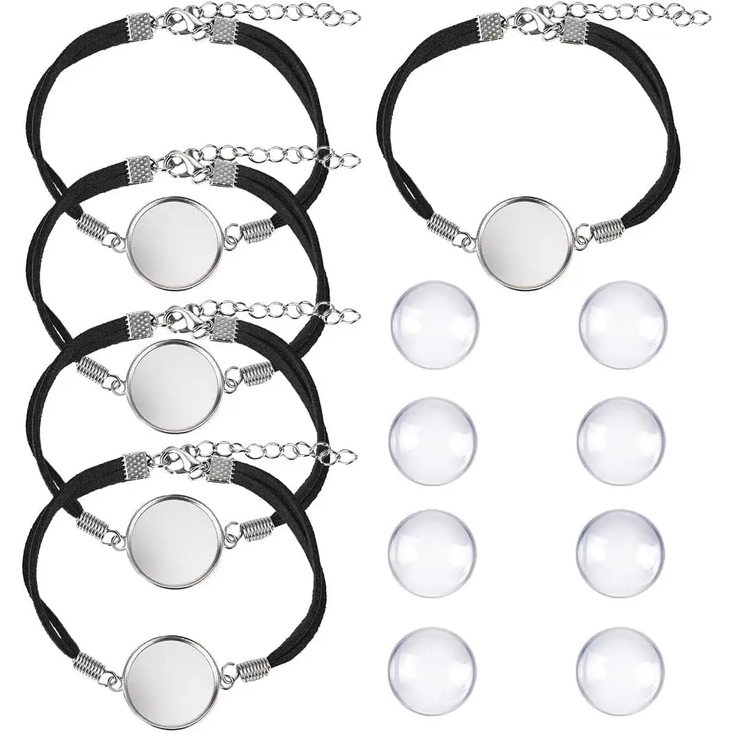 20mm Black Leather Cabochon Bracelet Blanks 40 count | 20 count 20mm Round Cabochon Bezel Tray Blank Bangles Bracelets with 20mm Clear Glass Cabochons Bronze