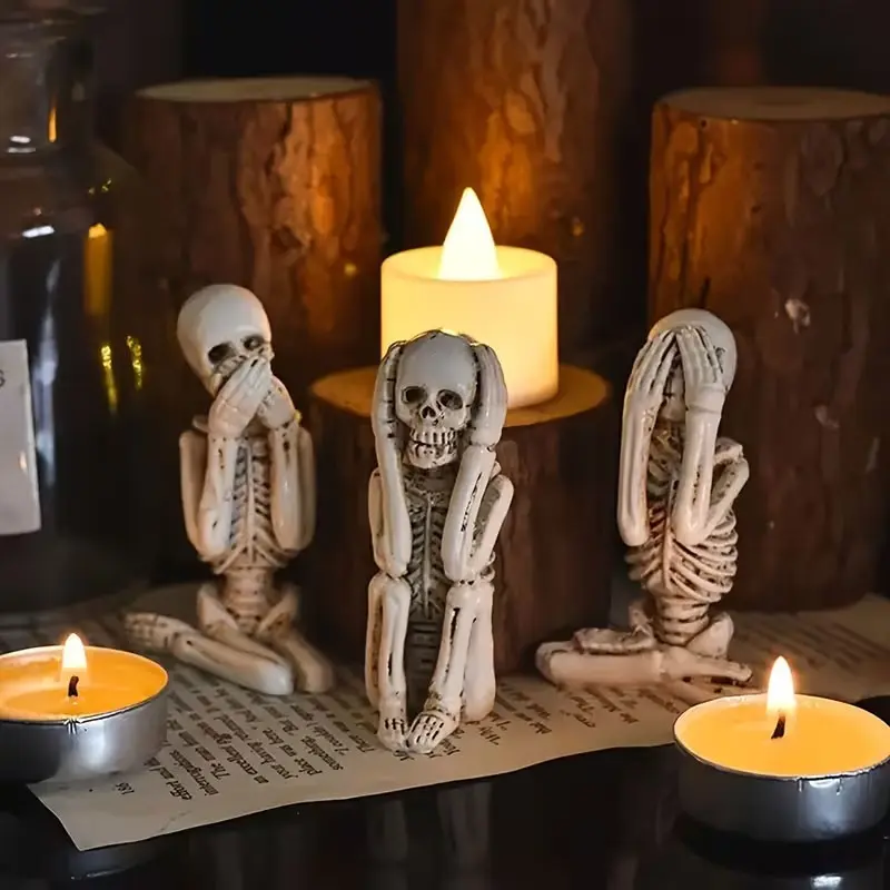 3 Halloween items - Do not view, do not listen, do not touch the skull ornaments, terrifying skull resin handicrafts