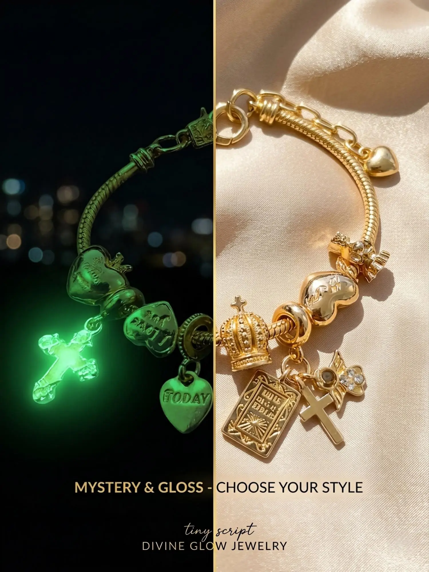 1pc Glow in the Dark Charm Bracelet for Women Luminous Cross Crucifix Bible Book Crown Heart Pendant Chain Bracelets Y2K Aesthetic Religious Christian Faith Jewelry Gifts Rave Accessories Birthday Gift for Her Everyday Accessories
