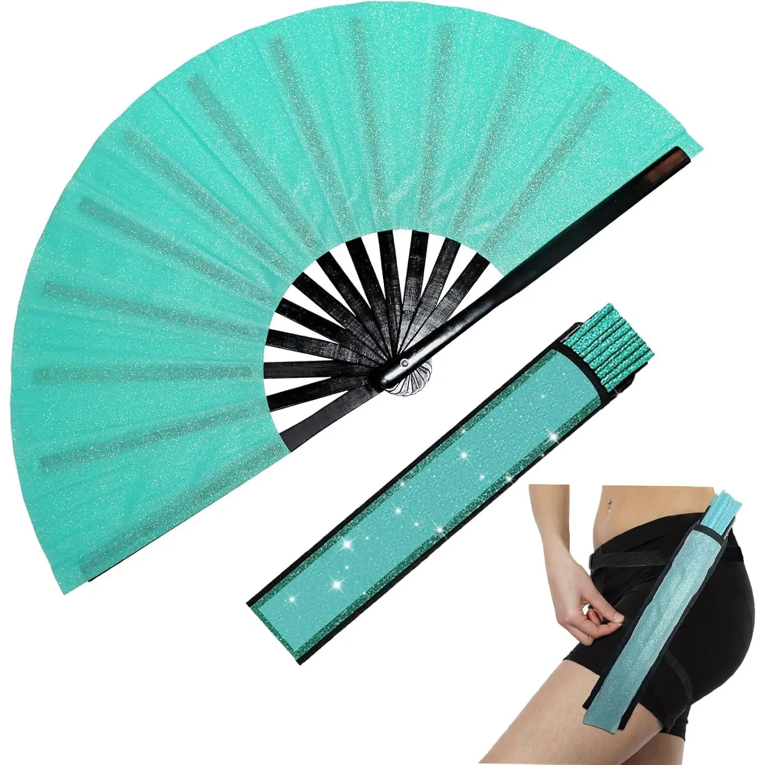 Large Folding Glitter  Fan,Clack Handheld Fan with  Strap and Fabric Case Bag,for Festivals,Carnival,Rainbow Outfits,Disco Party, Decoration and many occasions.Green