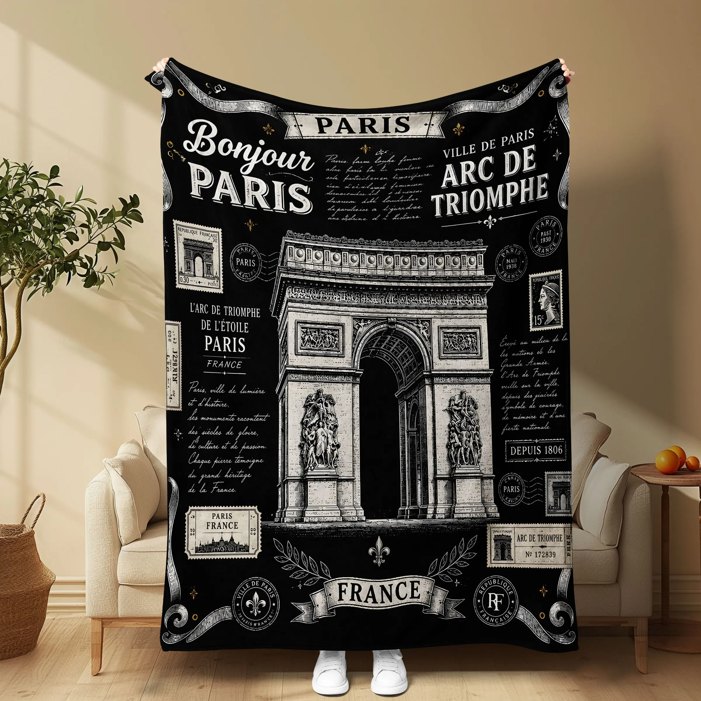 French Vintage Paris Arc De Triomphe Blanket, European Old Poster Design, Soft Flannel, High-Definition Print, Sofa Cover, Wall Decor