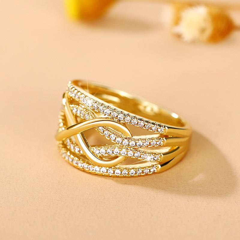 Glimmer Drop Women's Trendy Infinity Symbol Ring | 8-Character Hollow 3D Design, Two-Tone Gold & Silver Statement Ring | Cubic Zirconia Embellished Fashion Index Finger Ring, Infinite Love Character Stylish Jewelry for Daily & Party