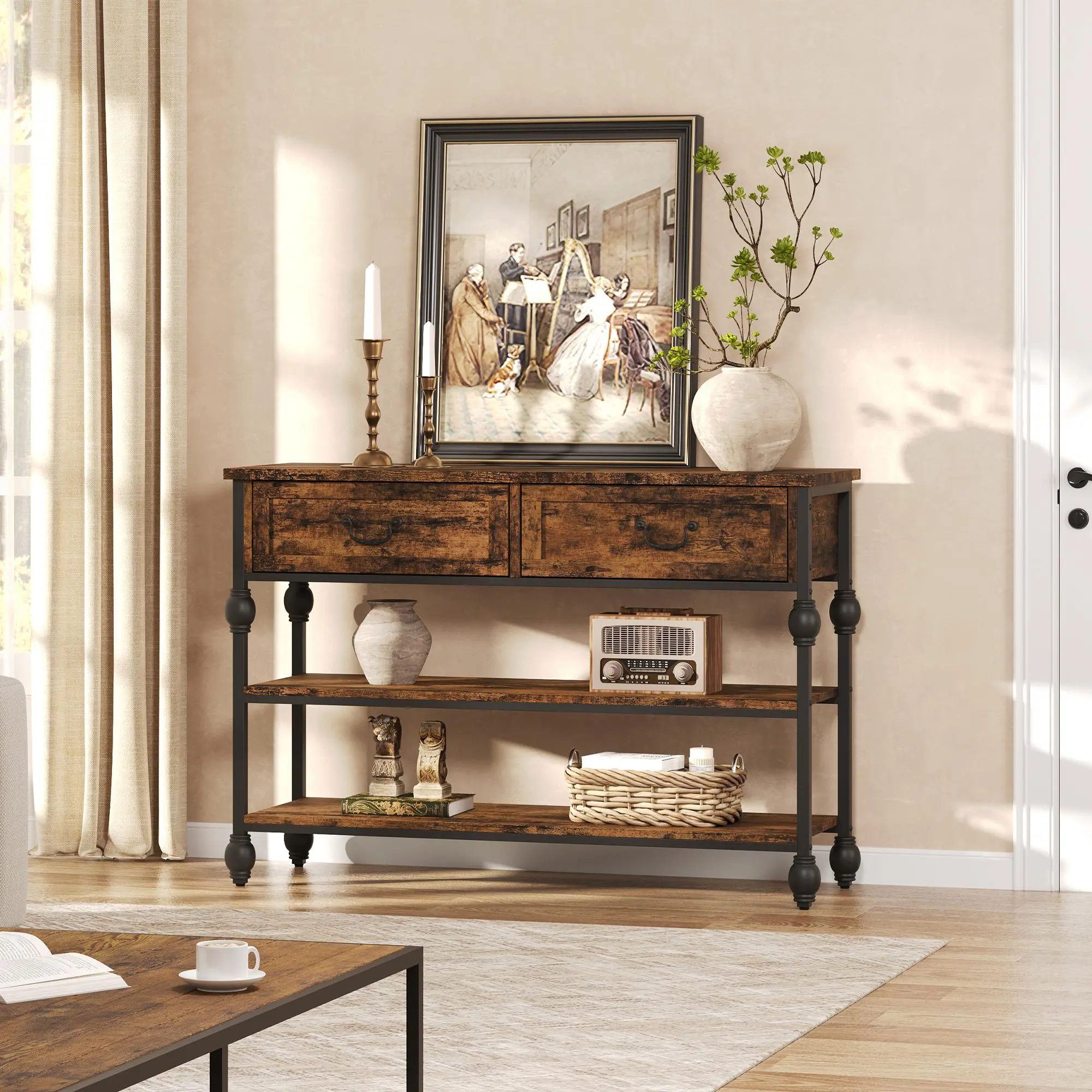 Gaomon Roman Column Console Table with 2 Drawers Entryway Table with Storage Freestanding Narrow Sofa Table Behind Couch for Living Room Hallway Entrance Foyer Retro Brown