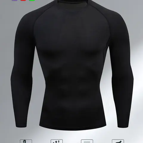 Men's Long Sleeve Compression Shirt, Breathable Quick Dry Athletic Gym Top, Round Neck Sportswear for Running, Cycling, Basketball and Football Training, Active Wear