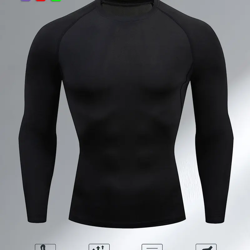Men's Long Sleeve Compression Shirt, Breathable Quick Dry Athletic Gym Top, Round Neck Sportswear for Running, Cycling, Basketball and Football Training, Active Wear