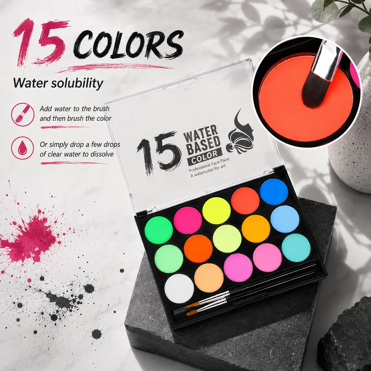 15-Color Face & Body Paint Set, Neon Fluorescent Water-Based Palette, Glow in The Dark, UV Reactive, Washable Colors for Unisex Cosplay, Parties & Celebrations