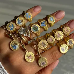 Trendy Stainless Steel Valentine Rings, Vacuum Plated 18K Finish With Painted Lion, Mermaid And Heart Patterns, Stylish Daily Fashion Finger Jewelry For Lovers Matching