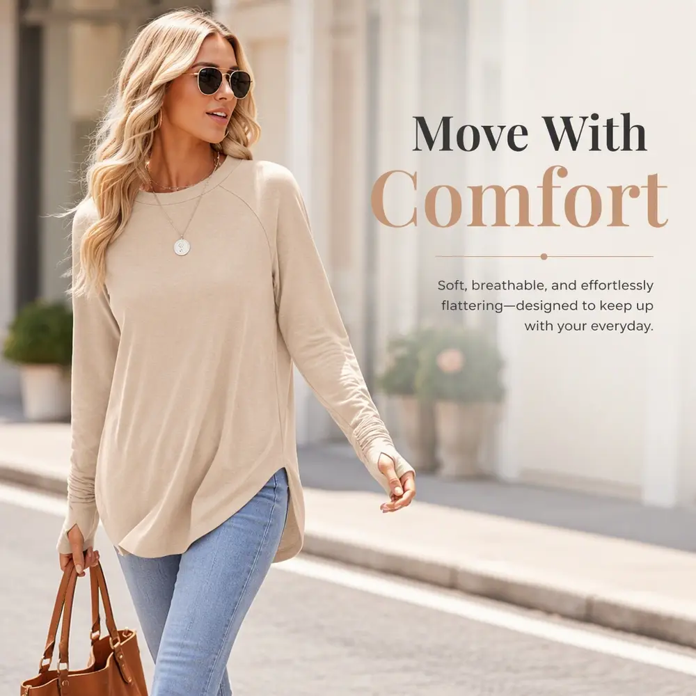 Effortless style women's long sleeve tunic top with side slits and thumb holes relaxed raglan tee curved hem cozy fall winter staple perfect for layering over leggings casual everyday basic outfits must have