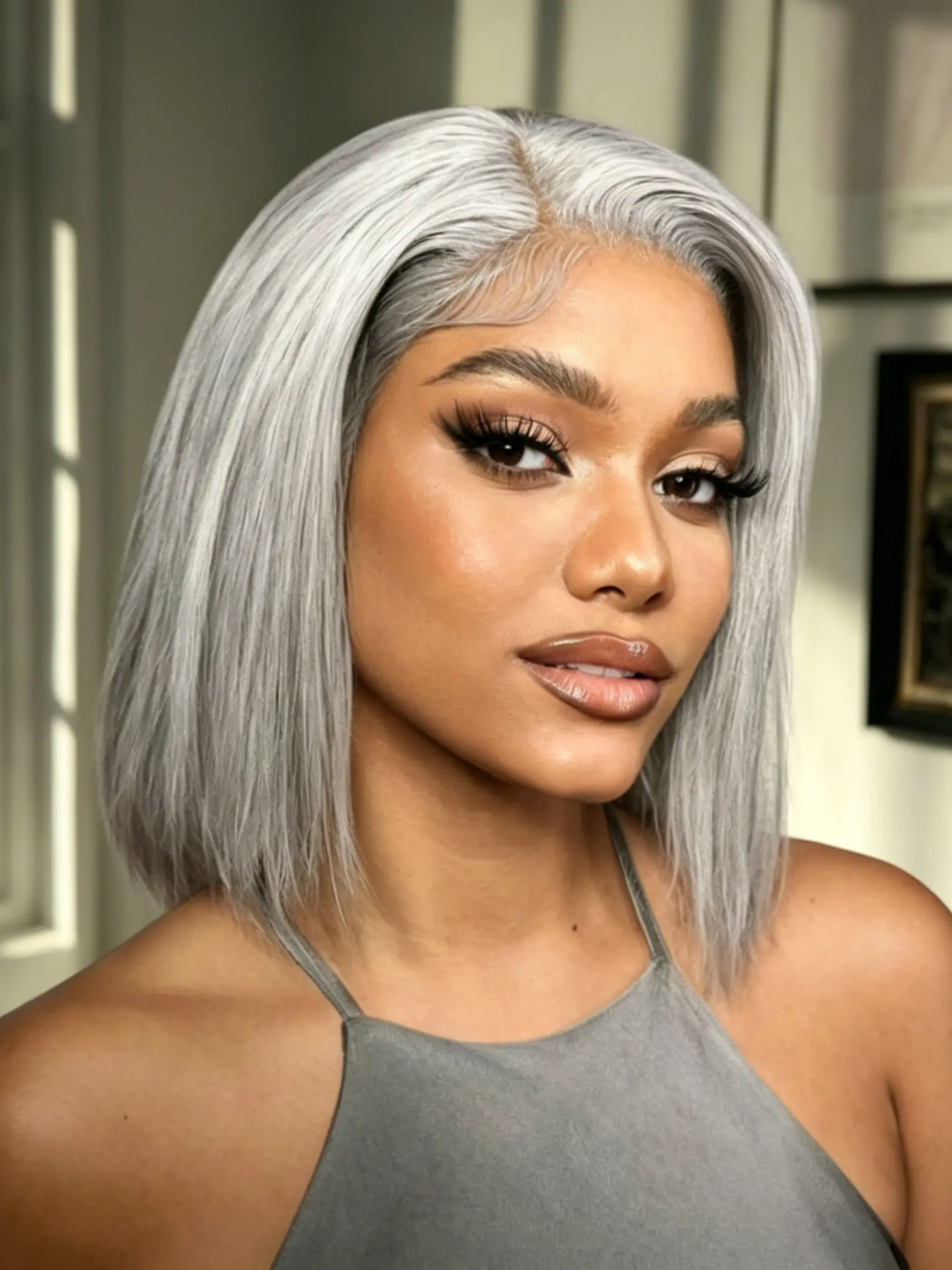 Light Grey Bob Style Lace Frontal Wig 13x4 Transparent Frontal Lace Wigs with Baby Hair Short Straight Synthetic Front Wig Grey Synthetic Lace Front Wig Pre Plucked Gray Short Bob Wig for Women Daily Wear Holiday Party Use Lace Front Bobs