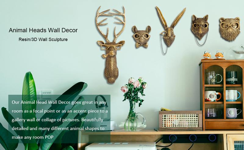 Animal Heads Wall Decor, Faux Deer Head Mount, Animal Sculptures Wall Decor, Resin Animal Head Wall Hanging Decoration for Living Room Bedroom Kitchen Gift,Fox Ornaments Hangable