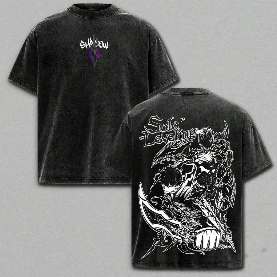 Retro Fantasy Manhwa Black Washed Graphic Tshirt Sung Jin Woo Igris Double Side Shadow Dagger Logo And Character Print Vintage Tee Unisex Loose Cotton Short Sleeve Streetwear Top