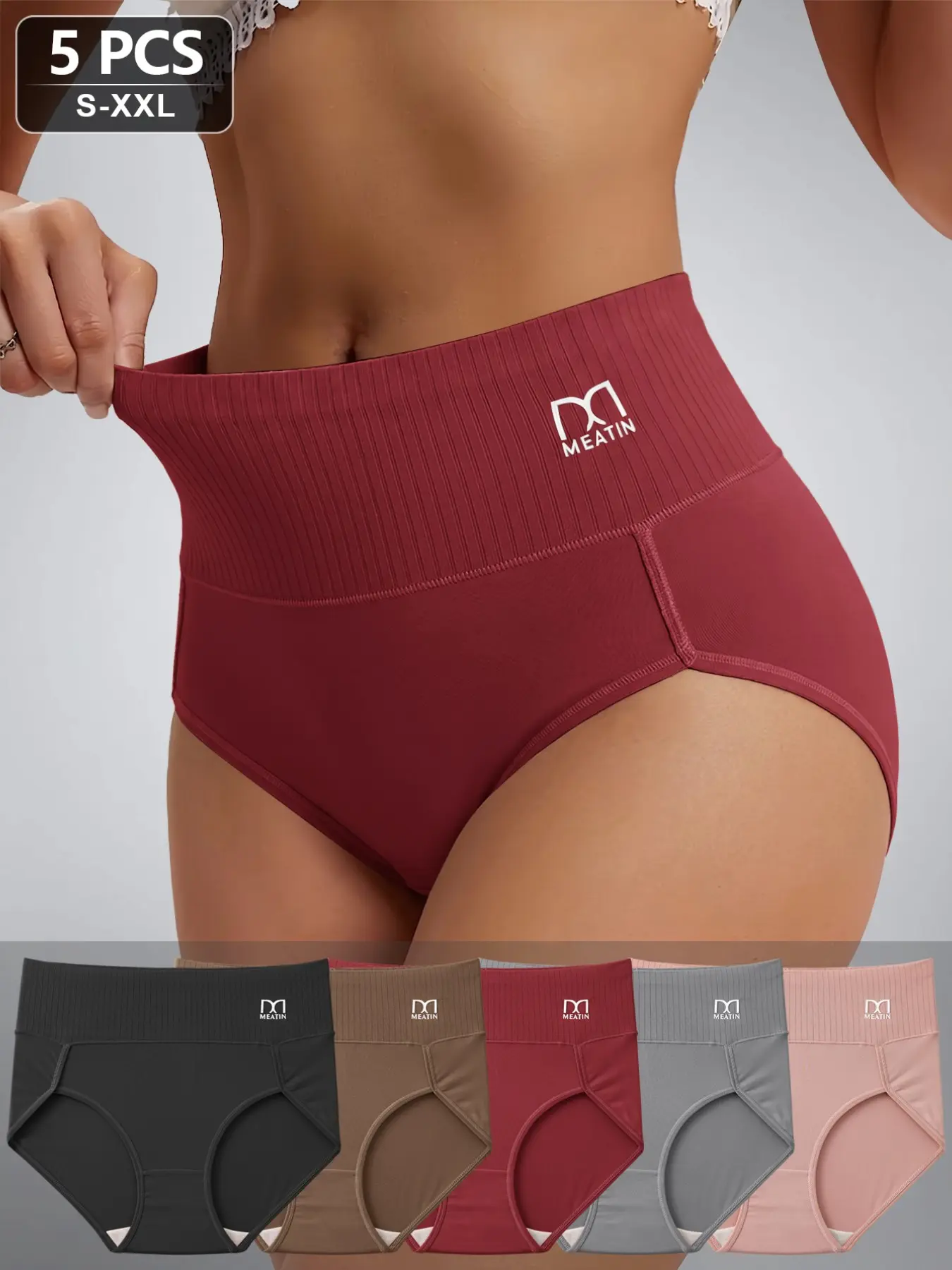 5-Pack High-Waisted Waist Trainer Briefs Panties for Women, High Rise Panties, Simple Solid Color, Wide Elastic Waistband, Stretchy Tummy Control Underwear