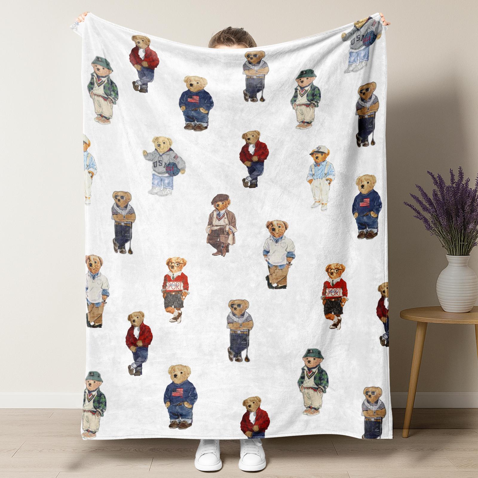 Cute Bear Aesthetic Pattern Blanket,Coquette Striped Bear Blanket,Old Money Style Decor Plush Throw Blanket,Soft Cozy Vintage Napping Blanket for Home Office Travel Camping