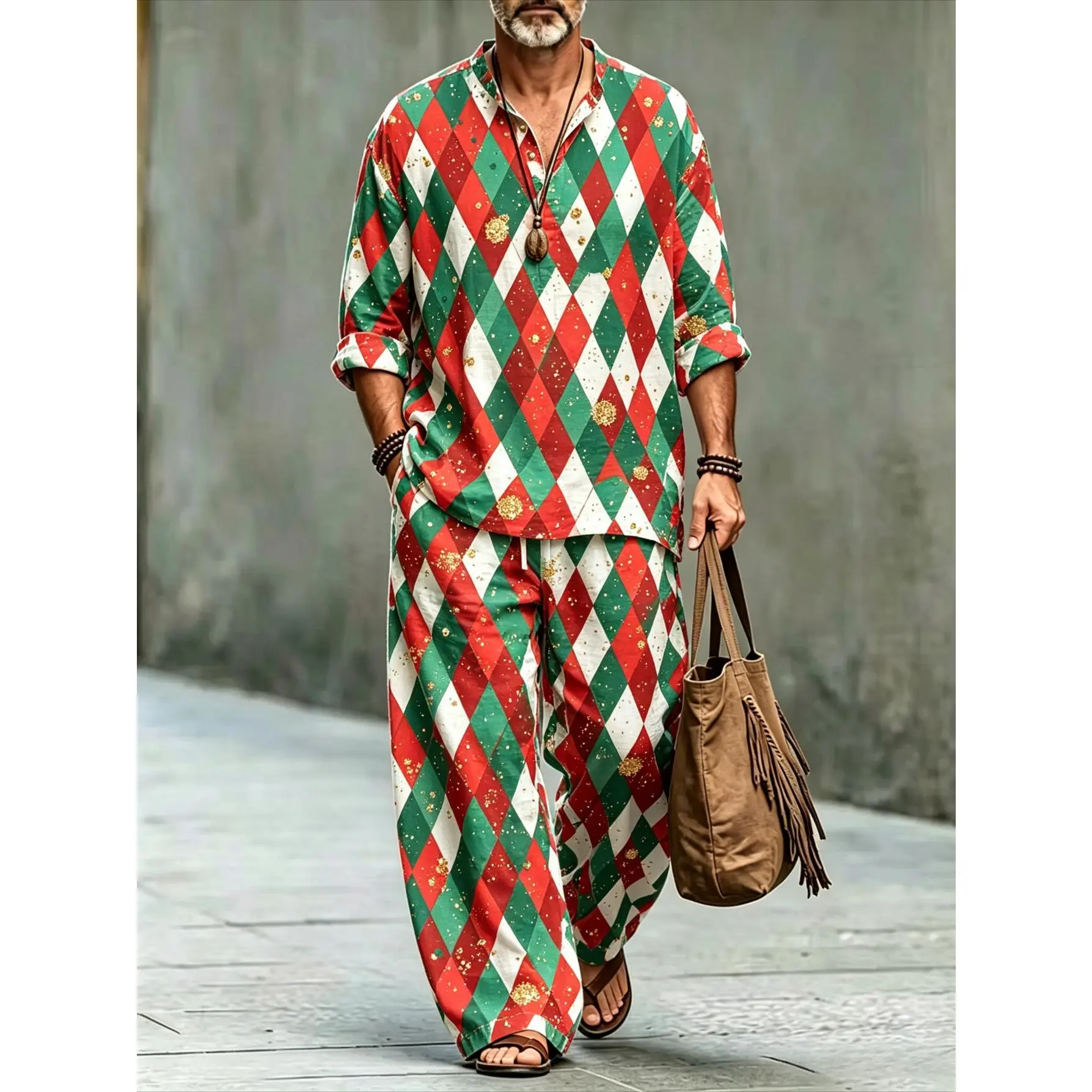 Men's 2-Piece Christmas Festive Clothing Set - Red & Green Rhombus Check Print, Stand-Up Collar Long-Sleeve Shirt, Drawstring Wide-Leg Pants with Glitter Decorations, Casual Outfit