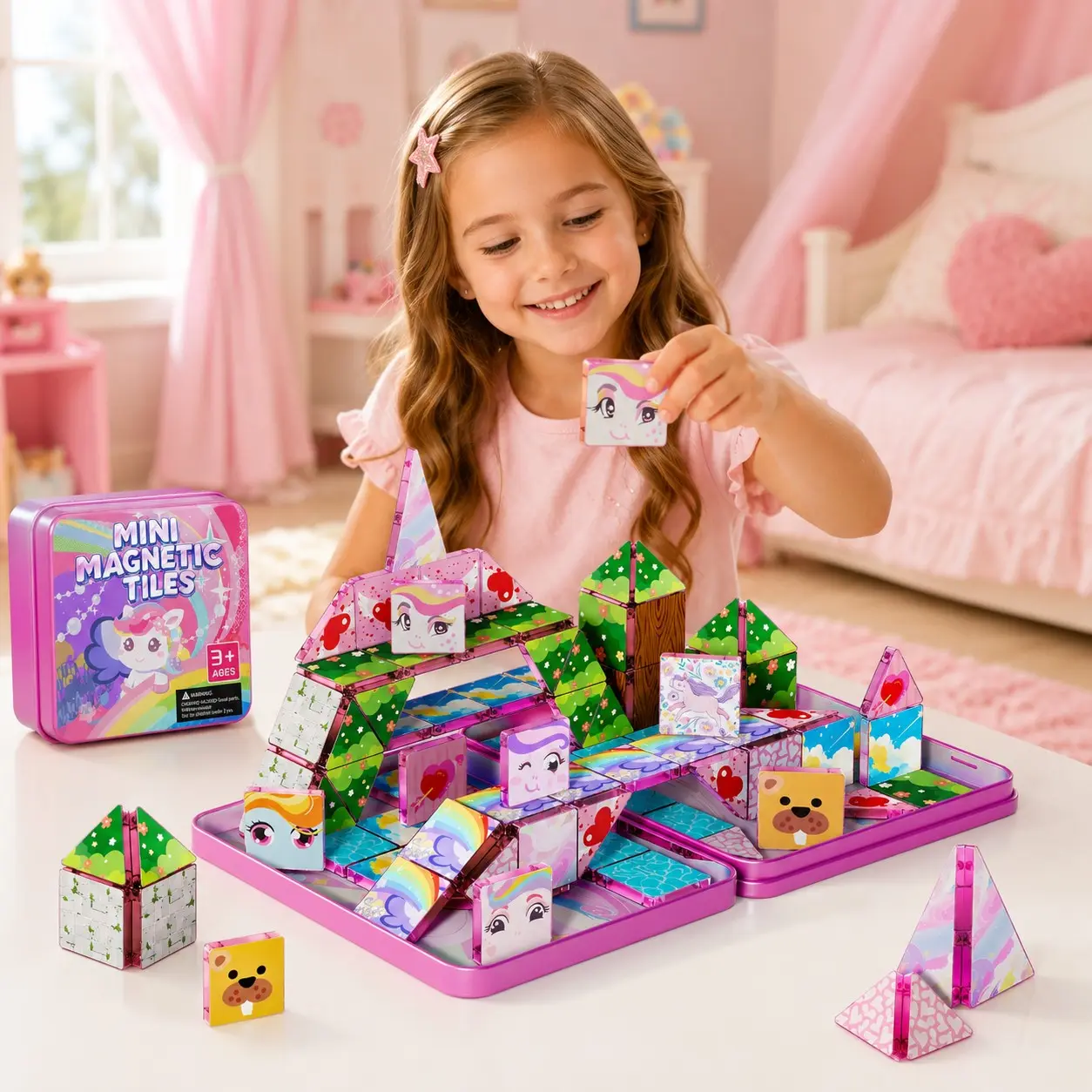 36pcs Mini Magnetic Tiles Set, Kids Magnetic Building Blocks, Princess Castle Unicorn Theme, Travel Storage Educational Toy