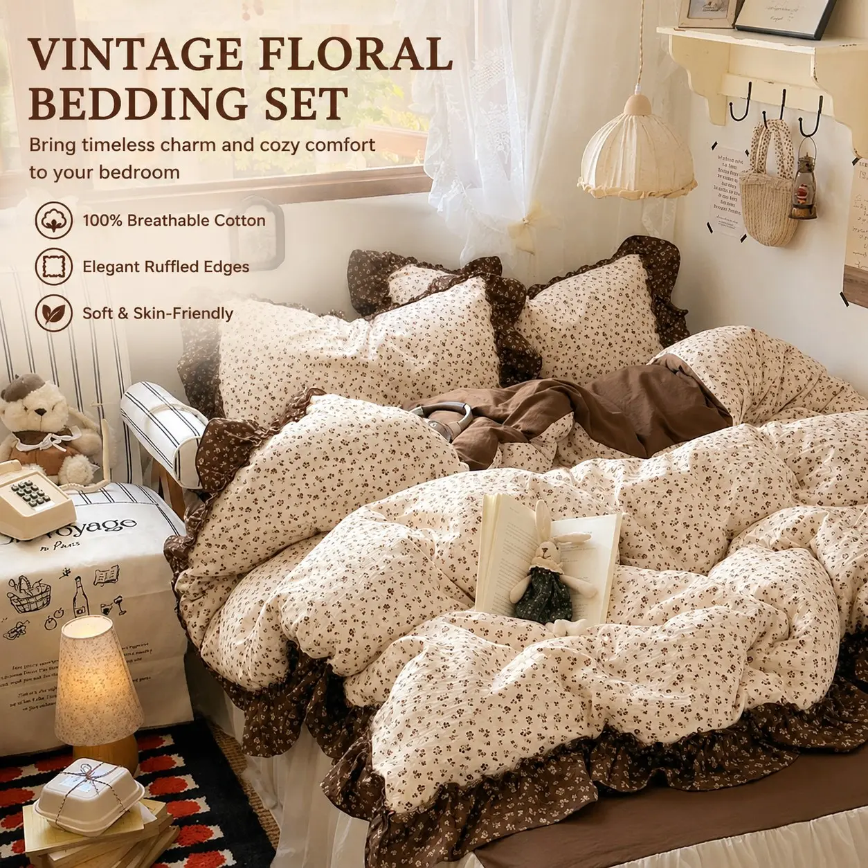 New 3-Piece Khaki Floral Duvet Cover Set, Ultra-Soft Pre-Washed Cotton-Like Polyester Comfy Bedding Set. Includes 1 Duvet Cover & 2 Pillowcases, Duvet Insert Not Included, Comfy Bed Sets