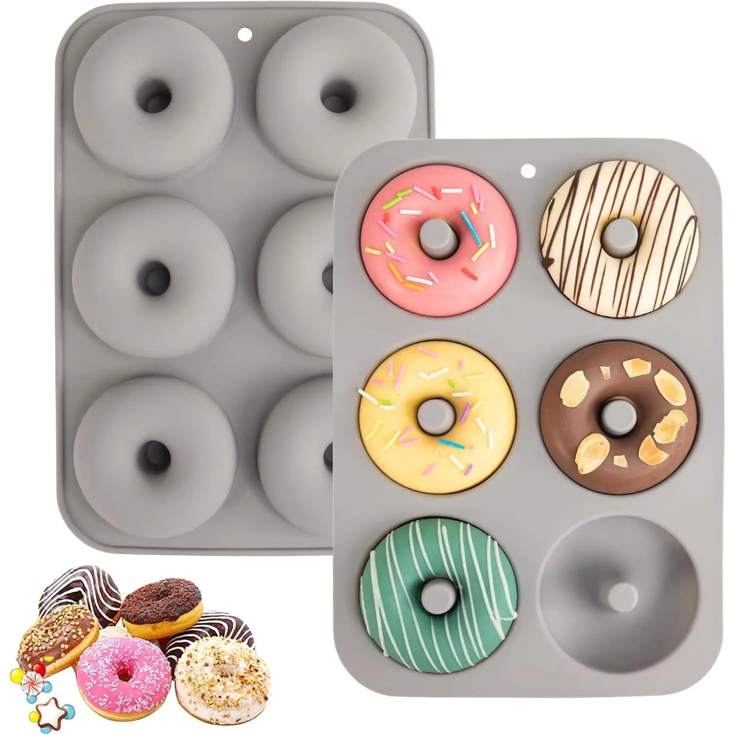 Non-Stick Silicone Donut Pan for 6 Doughnuts, BPA-Free, 2-Pack Grey |   Food Grade LFGB Silicone Bagels Baking Mold, Dishwasher Safe, Heat Resistant and Microwave Safe