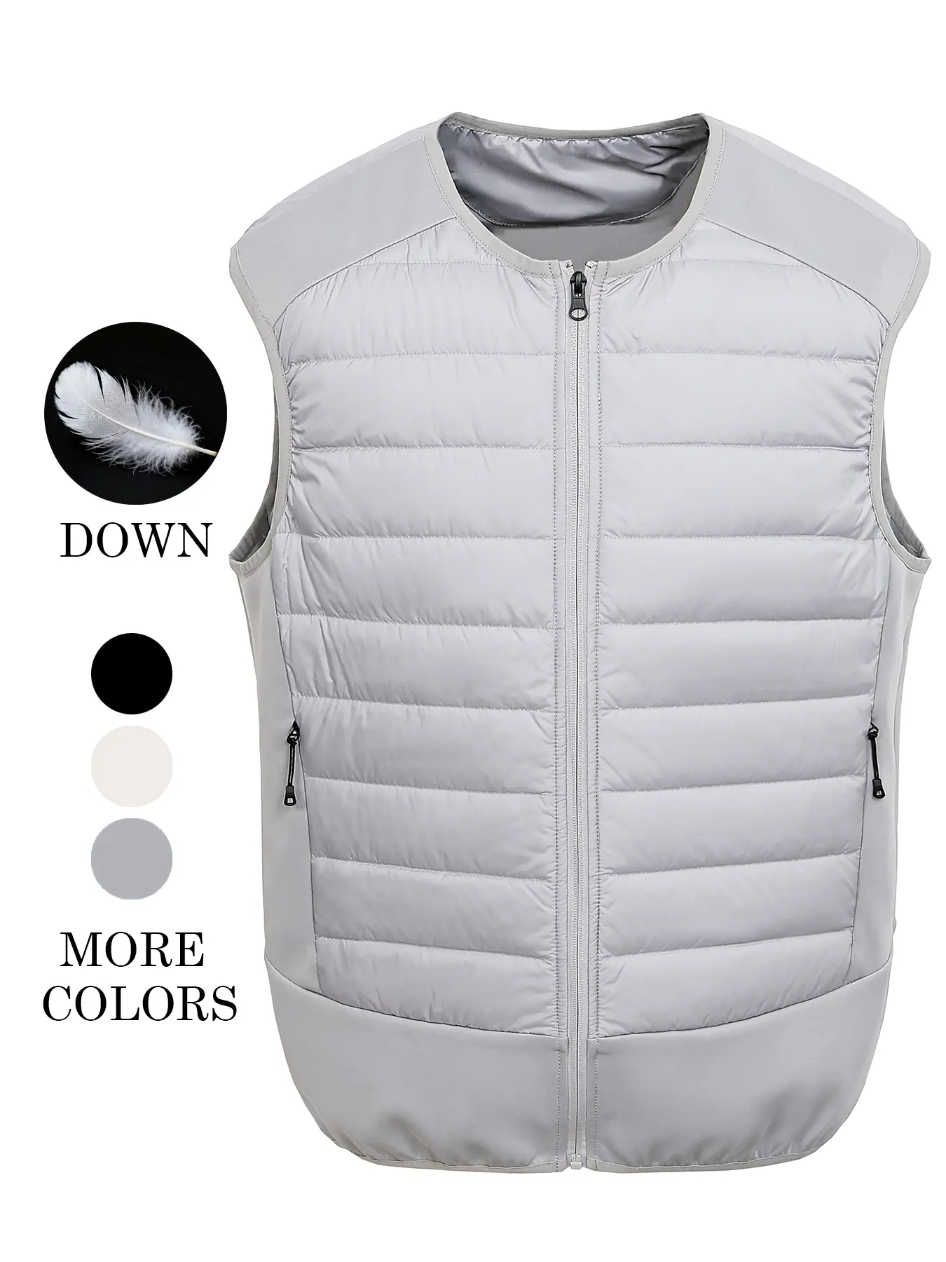 Men's Fall Winter Round Neck Down Vest, Quilted Design Zip Pocket, Warm Fitted Lightweight Portable, Casual Style for Daily & Outdoor Use