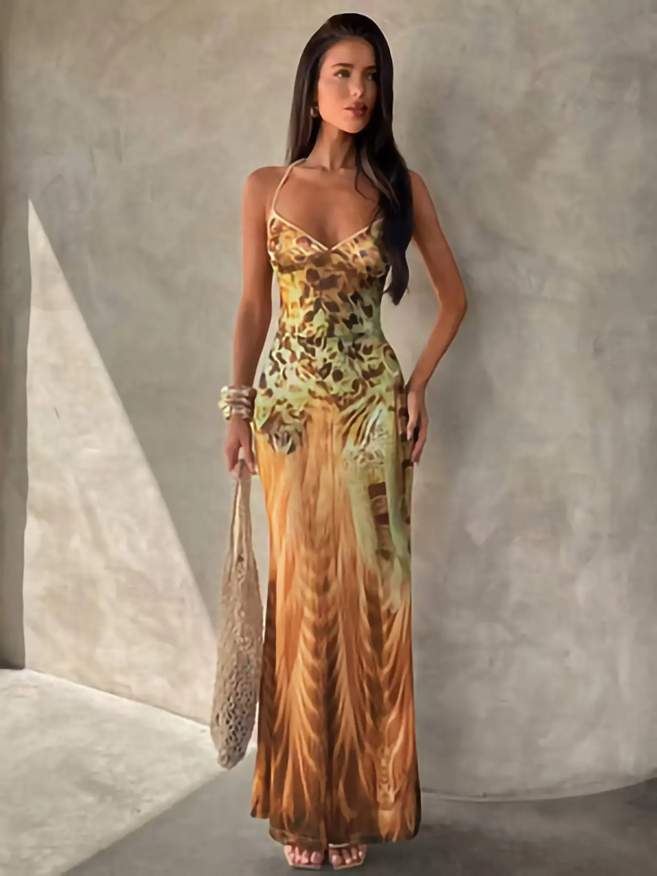 Women's Leopard Print Fitted Dress, Bodycon Long Dress, Elegant Chic Aesthetic Sleeveless Long Dress with Criss Cross Design, Summer Fashion Plain Pattern