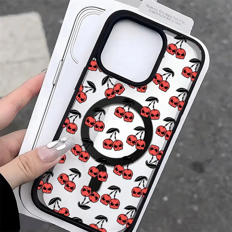 Skull Cherry Repeating Phone Case, Edgy Cute Fruit Gothic Style for iPhone 17 16 15 14 13 12 11 Plus Pro Max, Unique Alternative Gift