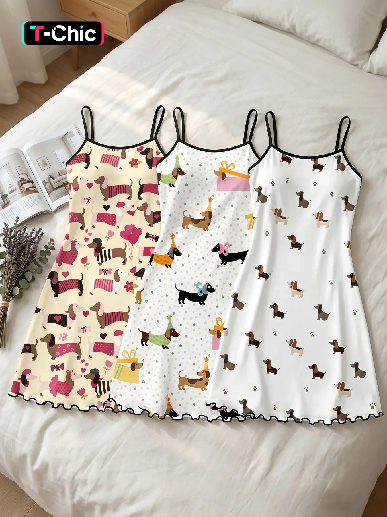 Women's 3 Pack Slip Spaghetti Strap Nightgowns, All Season Wear, Dachshund Dog Paw Heart Party Print Ruffle Hem, Dachshund Mom Aesthetic, Loose Breathable for Home & Casual Wear, Loungewear