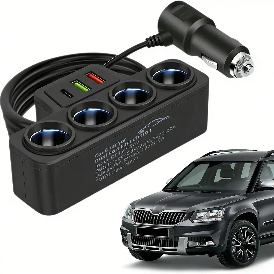 120W 4-Port QC3.0 Fast Multiport Car Charger - 12V/24V Cigarette Lighter Splitter, Fast Charging Solution, Universal Vehicle Plug Adapter, Portable Power Tool Accessory