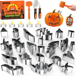 Pumpkin Carving Kit Tools: 30PCS Pumpkin Carving Tools Set includes 22 Stainless Steel Stencils & Hammer & Spoon & Carve Knife & Candles - 2025 Halloween Gifts for Kids Safe DIY Decorating Kit