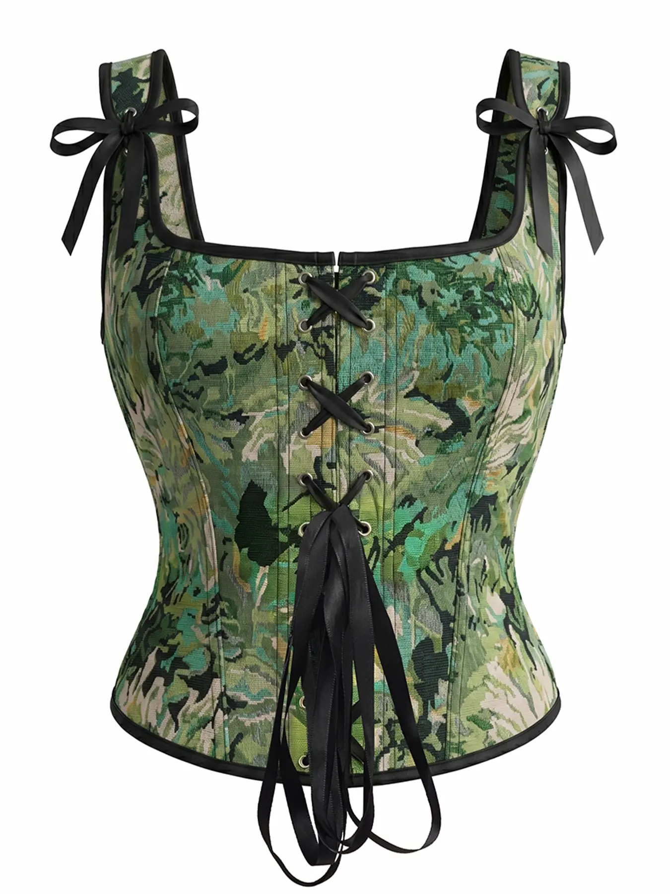 French Floral Jacquard Bodysuit, Women Tops, Square Neck Sleeveless Tie Front Bow Shoulder Straps, Waist Cinch Slimming, Retro Style for Vacation & Dates
