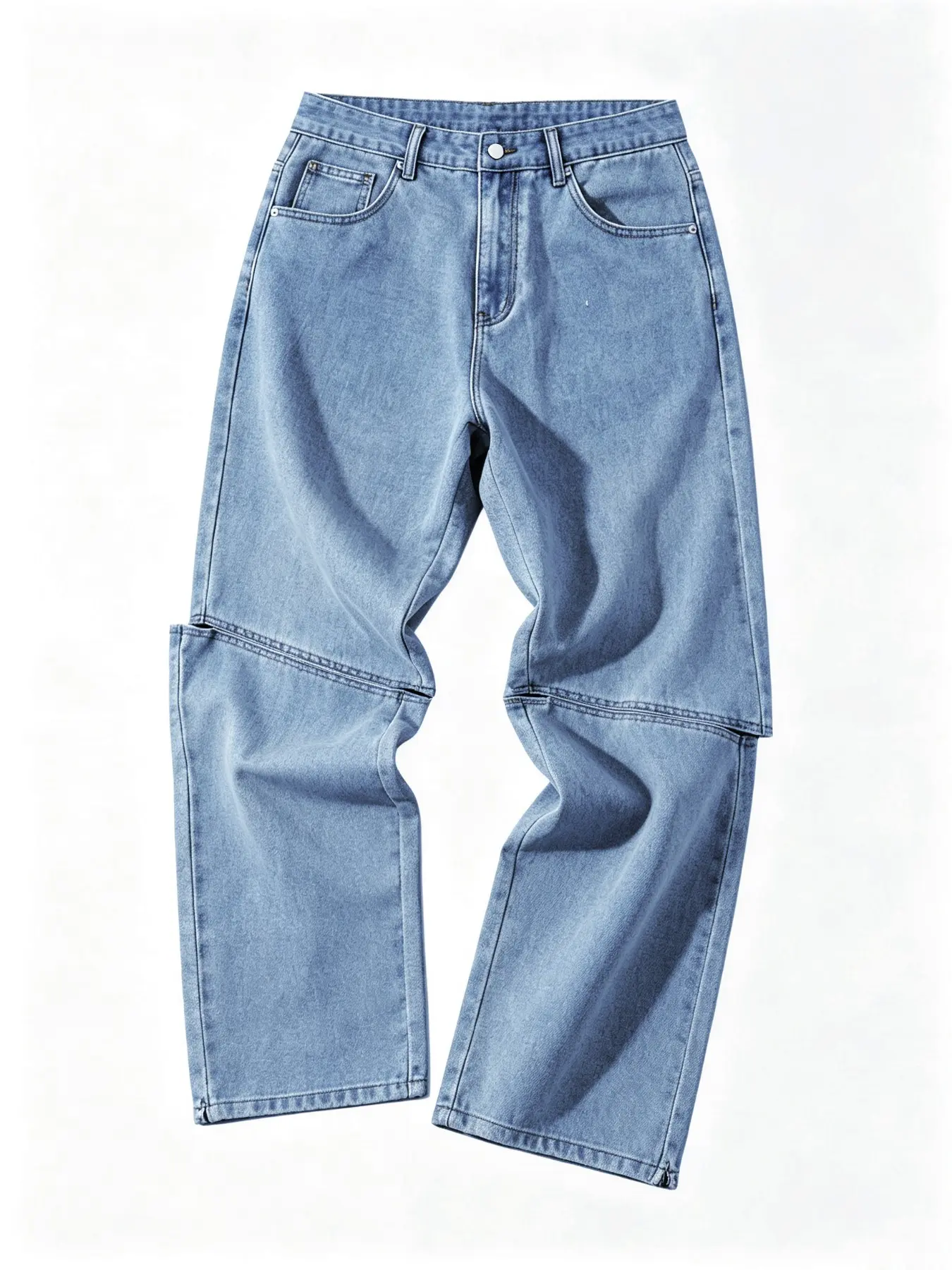 Men's Blue Washed Wide-Leg Jeans, Knee Split Double-Layer Splicing, Loose-Fitting, All Seasons, Casual Trousers, High-Street Trendy Style, Streetwear