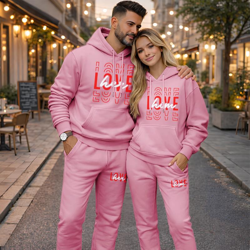 Couple's “LOVE her” and “LOVE him” Print Hoodie and Sweatpants Set, Casual Sportswear, Long-Sleeve Hooded Jacket and Pants, Suitable for Autumn, Winter, and Spring, Everyday Wear, Tracksuit