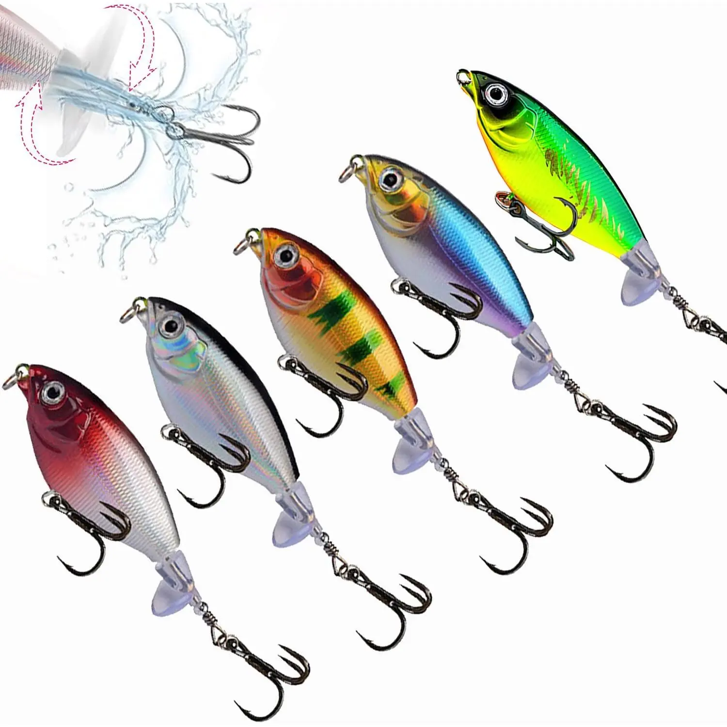 Topwater Fishing Lures for bass Whopper Popper Lures with Rotating Tail for Freshwater or Saltwater bass Catfish Pike Perch Floating Pencil Bass  (Variegated, Medium)