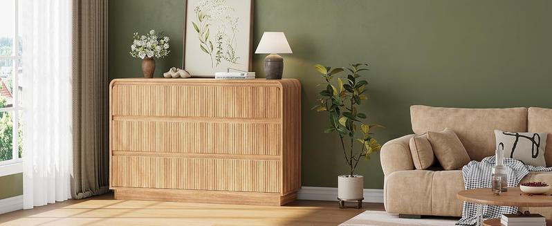Fluted 6 Drawer Dresser for Bedroom, 48" Wide Handleless Chest of Drawers with Curved Profile Design, Modern Wooden Dresser TV Stand with Organizer Storage for Living Room, Entryway, Natural Oak