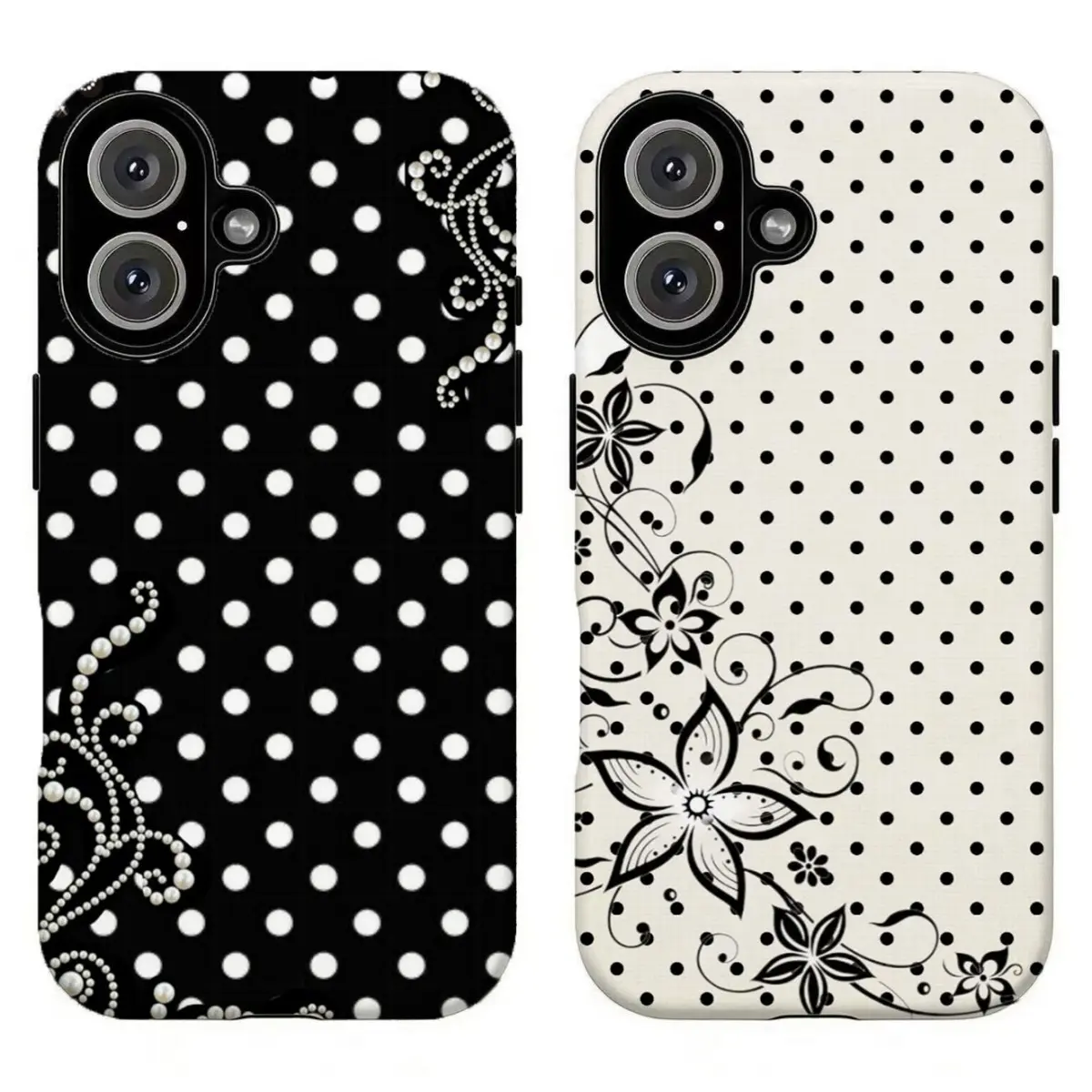 FL-Y2K Cute Polka Dot Floral Phone Case, Elegant Pearl Detail Tough Case for Women Girls For iPhone 11 12 13 14 15 16 17 Air Pro Max for Samsung S26 S25 S24 S23 S22 S21 Case,Gift for her/him