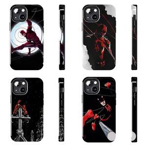 Daredevil Superhero iPhone Case – Dark cinematic style, featuring the masked hero in a red suit striking a dynamic pose on a rooftop. This case offers shock protection; compatible with iPhone 11–17 Pro Max/Plus series and Samsung Galaxy S23–S25 series.