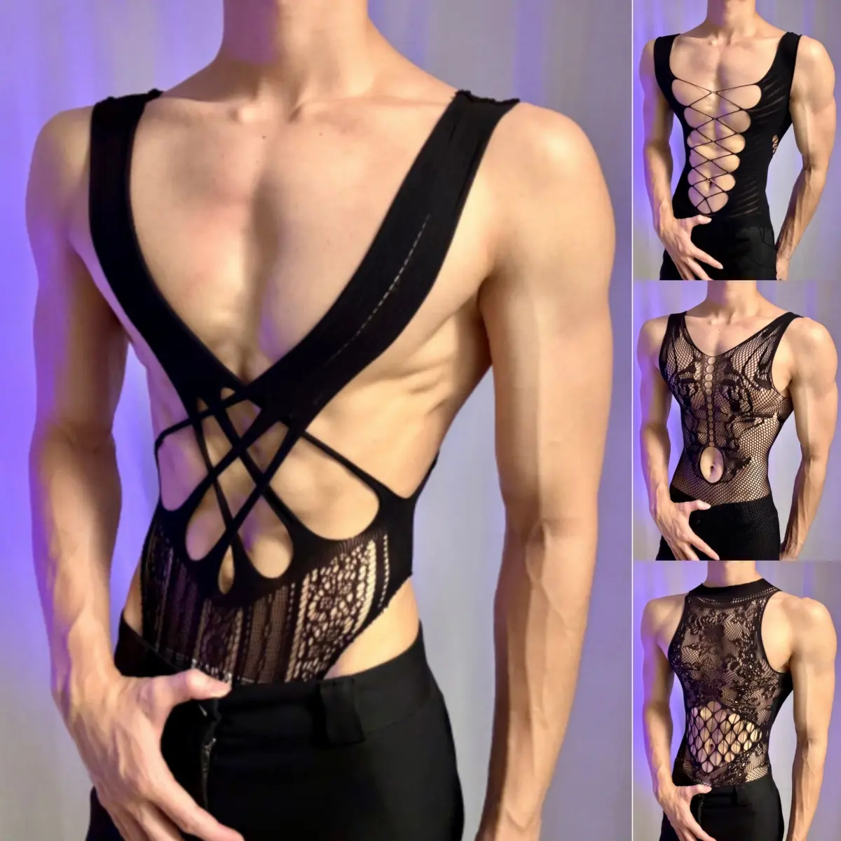 Men Sheer Mesh Bodysuit Sleeveless Hollow Out Crisscross Cutout One Piece Lingerie Stretchy See Through Fishnet Intimate Sleep Bodysuit One Size Fits Most for Night Party Costume Wear
