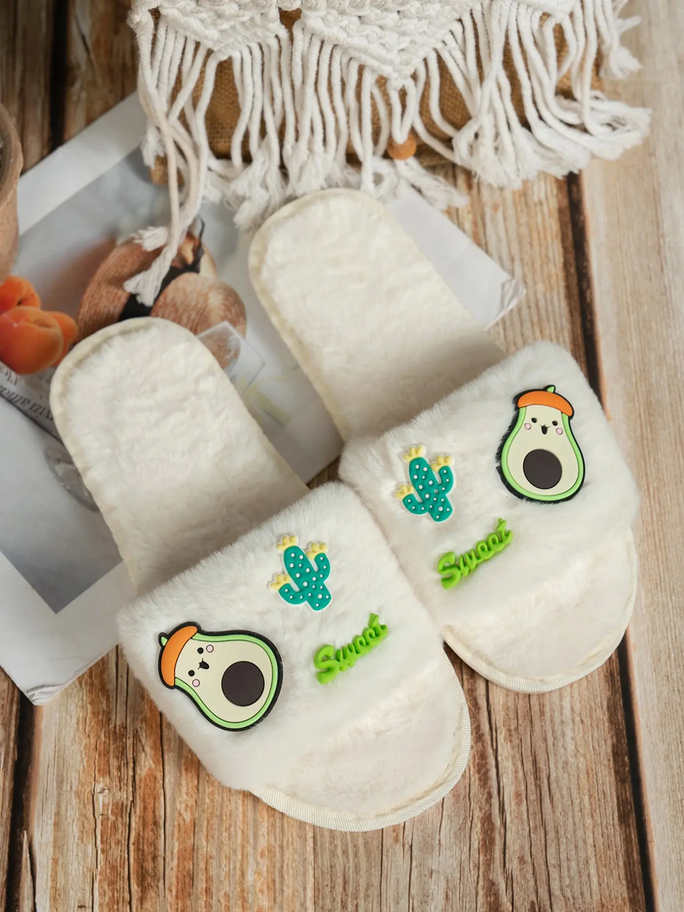 Creative Cartoon 3D Plush Slippers, Fresh Fruit Elements, Comfortable Home & Shoes, Avocado Cactus Design, Soft Plush Material